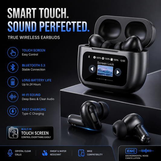 ElixPods A9 Smart Touchscreen Earbuds – ANC, Bluetooth 5.3 &amp; Interactive Display Charging Case
