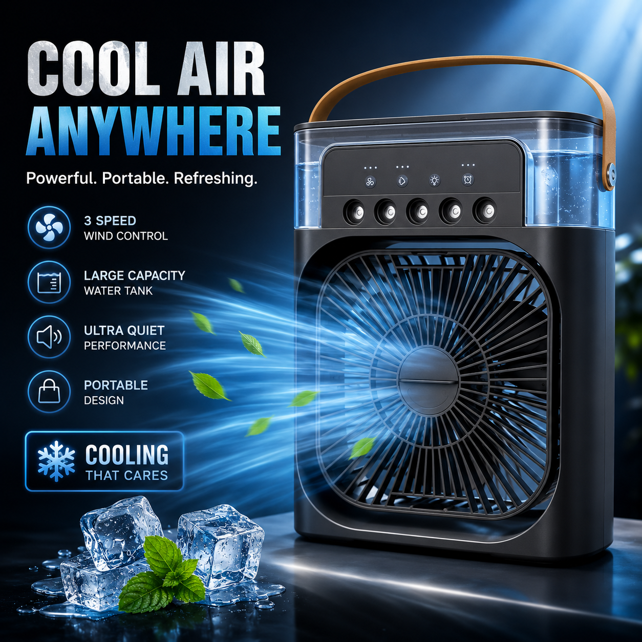 Portable Rechargeable Air Cooler Fan – 3-in-1 Cooling Fan, LED Night Light &amp; Humidifier
