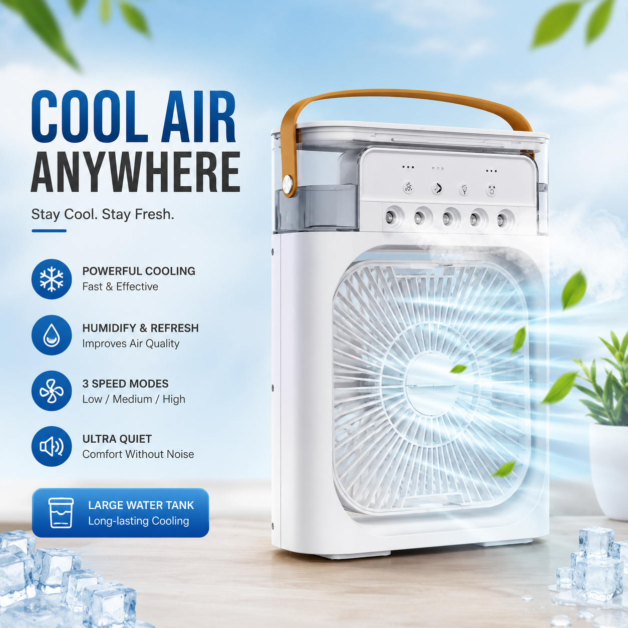 Portable Rechargeable Air Cooler Fan – 3-in-1 Cooling Fan, LED Night Light &amp; Humidifier