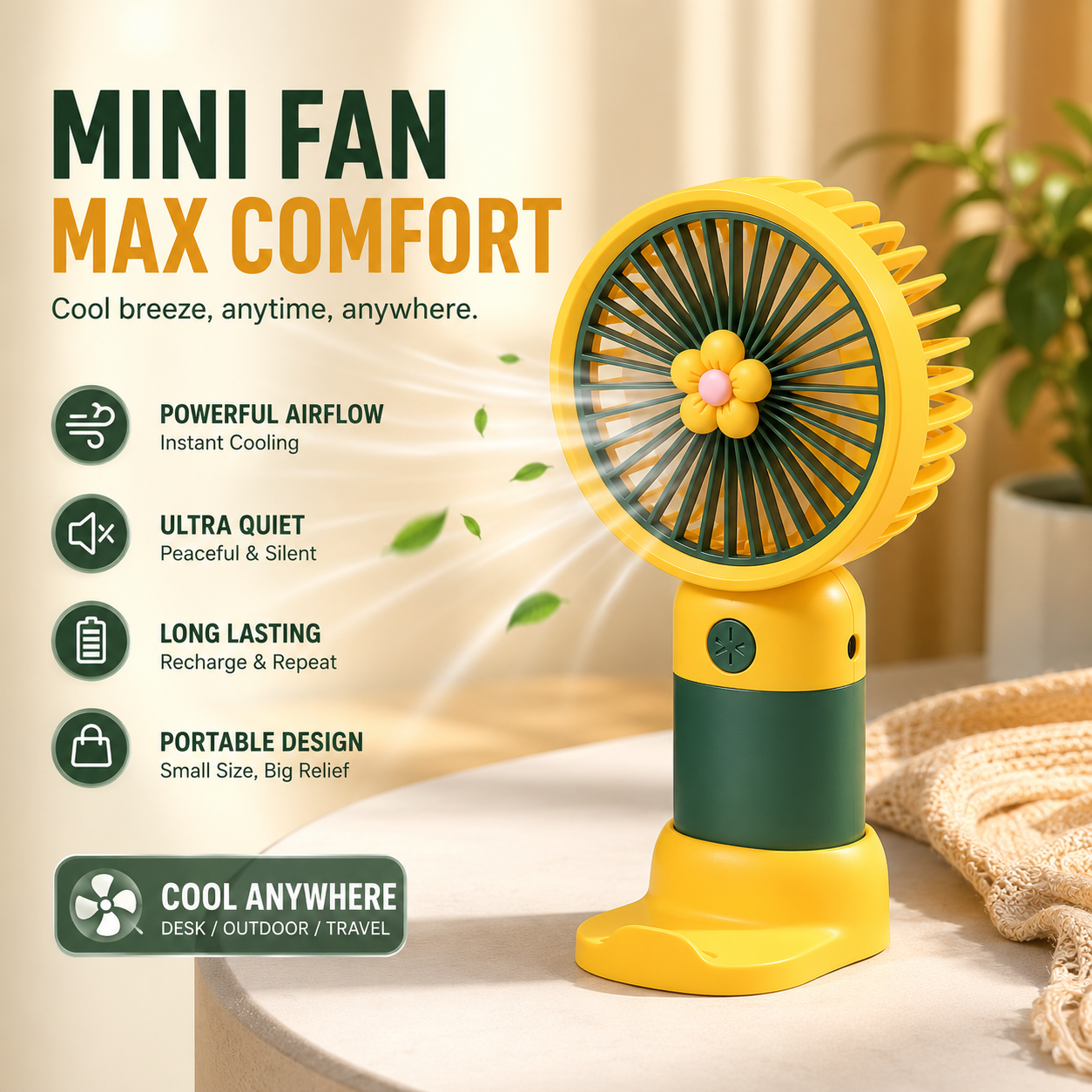 Cute Mini Rechargeable Handheld Fan – Portable USB Fan with Desktop Stand &amp; 3-Speed Cooling