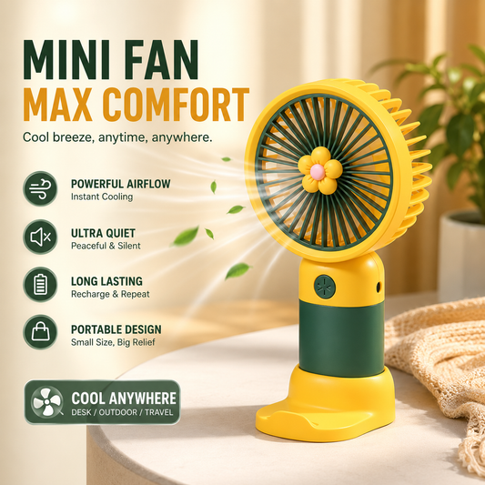 Cute Mini Rechargeable Handheld Fan – Portable USB Fan with Desktop Stand &amp; 3-Speed Cooling