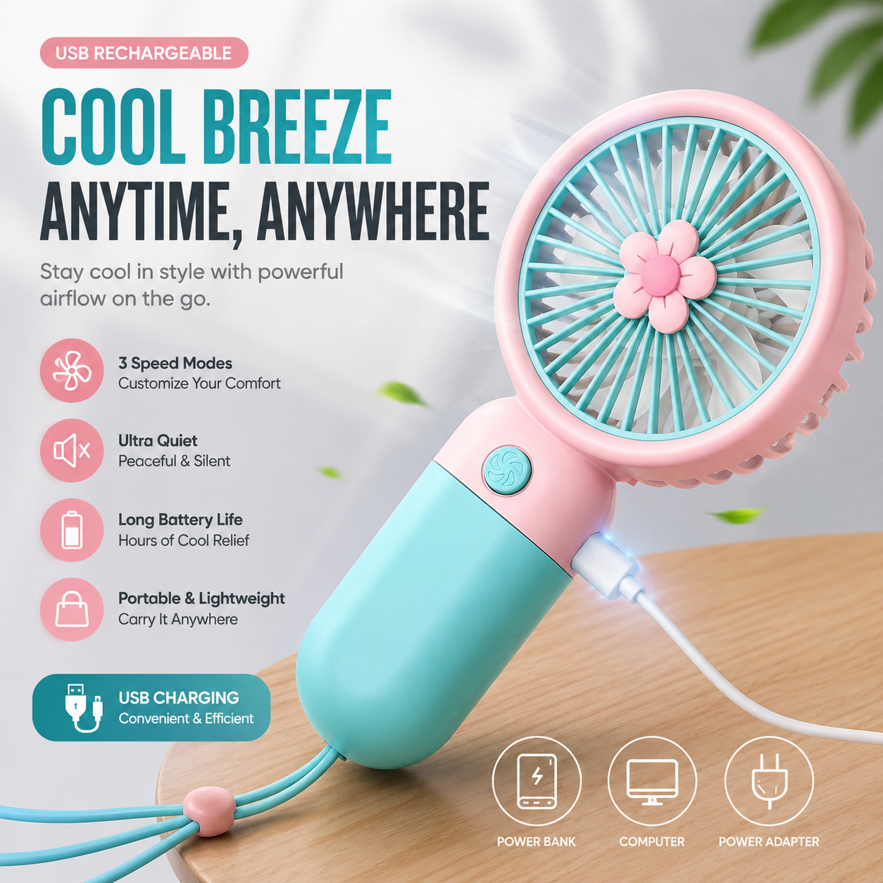 Cute Mini Rechargeable Handheld Fan – Portable USB Fan with Desktop Stand &amp; 3-Speed Cooling