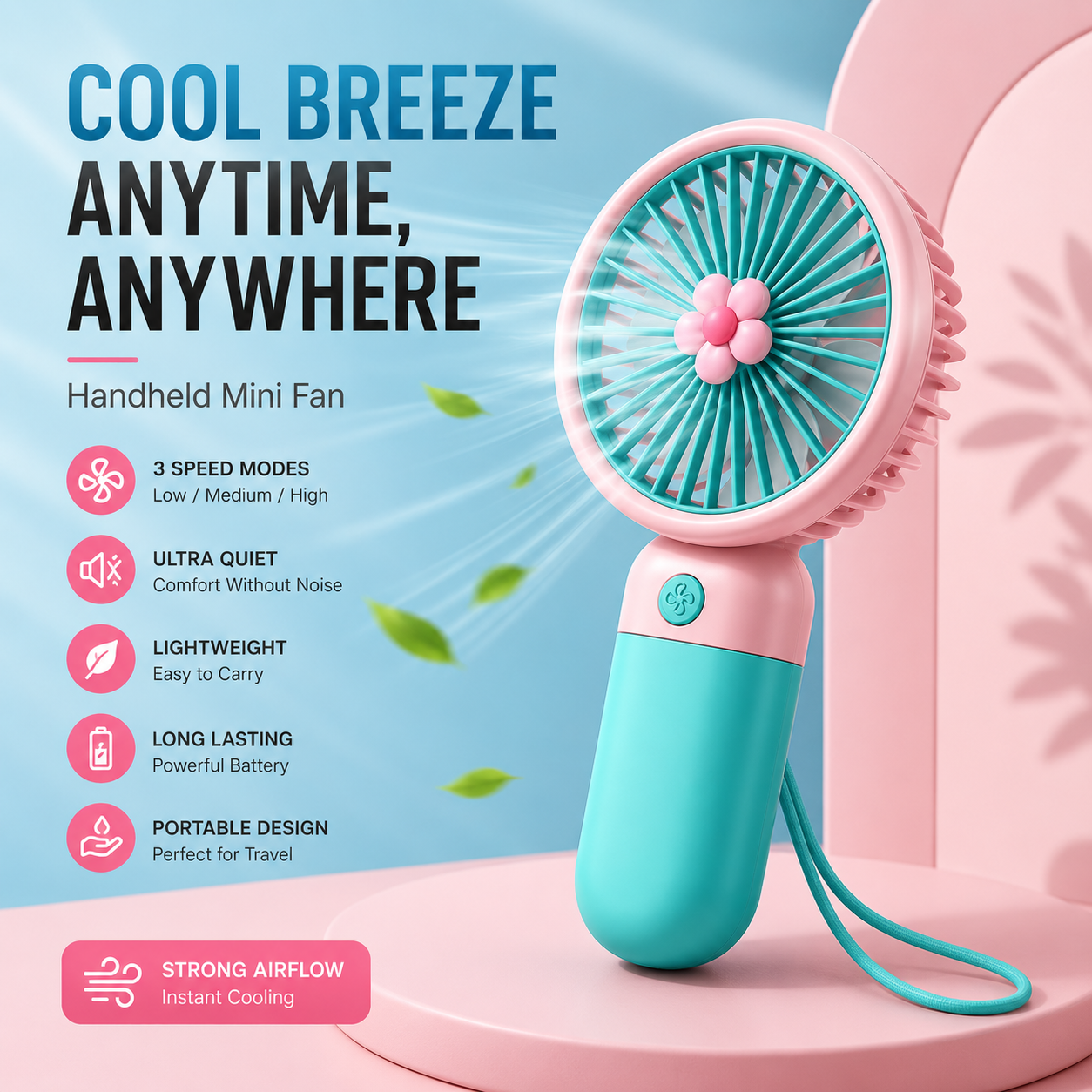 Cute Mini Rechargeable Handheld Fan – Portable USB Fan with Desktop Stand &amp; 3-Speed Cooling