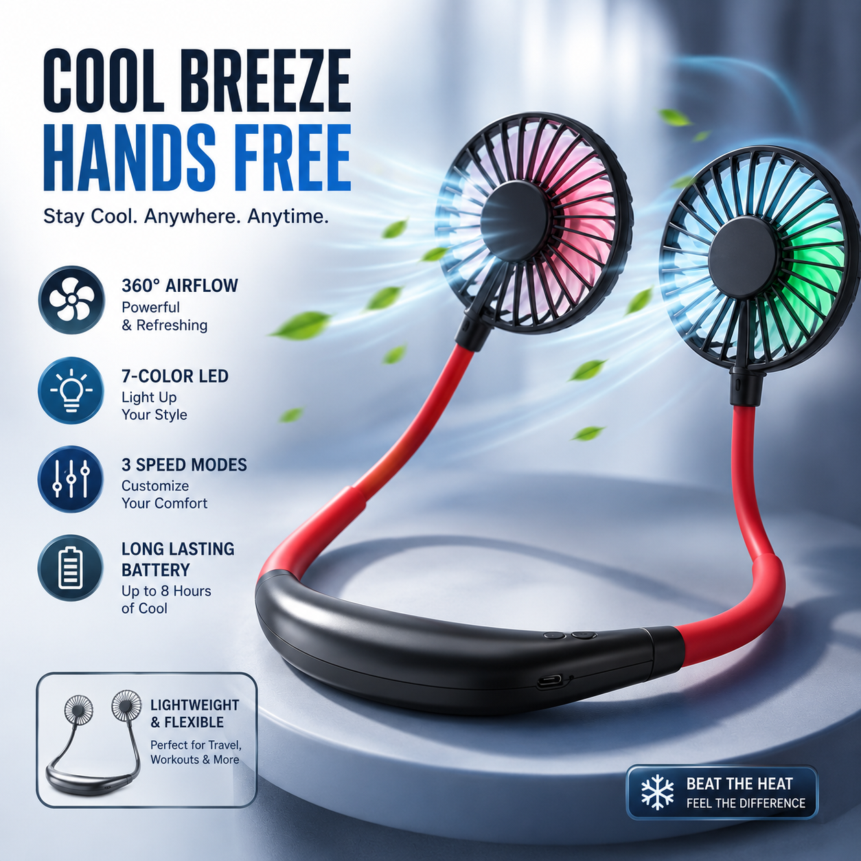 Portable Rechargeable Neck Fan – Dual Turbo Hands-Free Cooling Fan with LED Lights