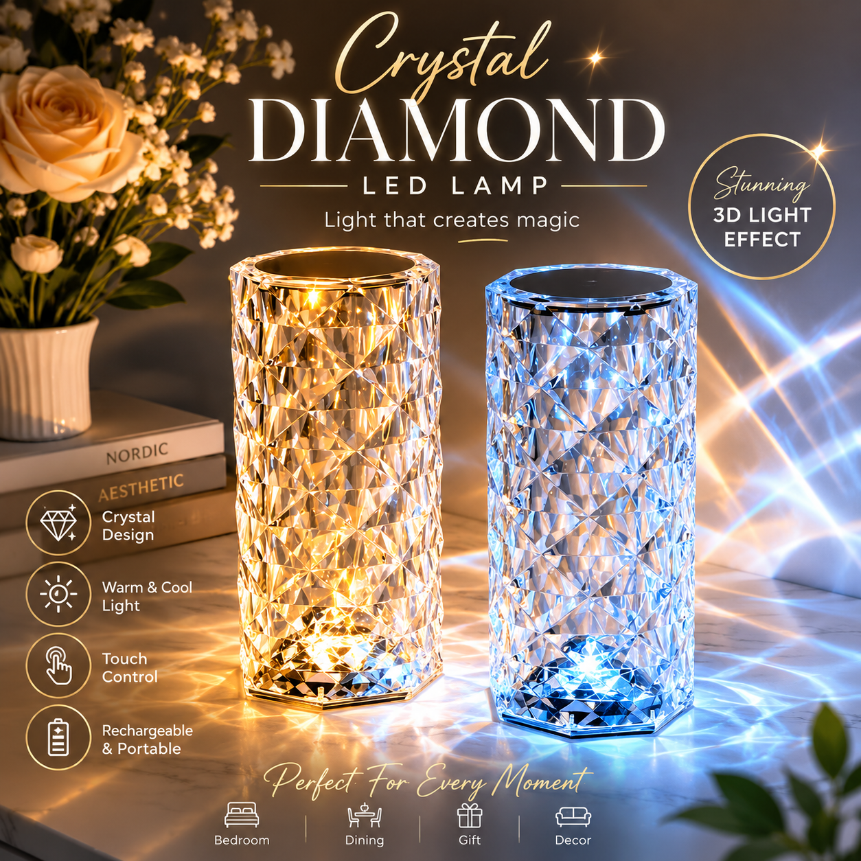RGB Crystal Touch Table Lamp – Rechargeable Diamond LED Night Light with 16 Color Modes &amp; Remote Control