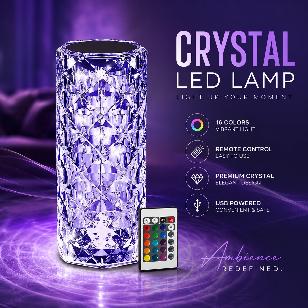 RGB Crystal Touch Table Lamp – Rechargeable Diamond LED Night Light with 16 Color Modes &amp; Remote Control