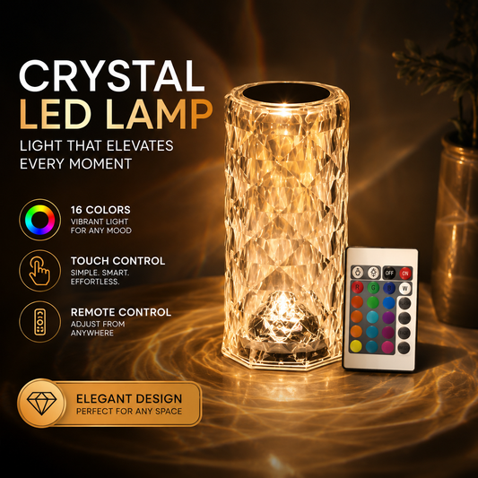 RGB Crystal Touch Table Lamp – Rechargeable Diamond LED Night Light with 16 Color Modes &amp; Remote Control