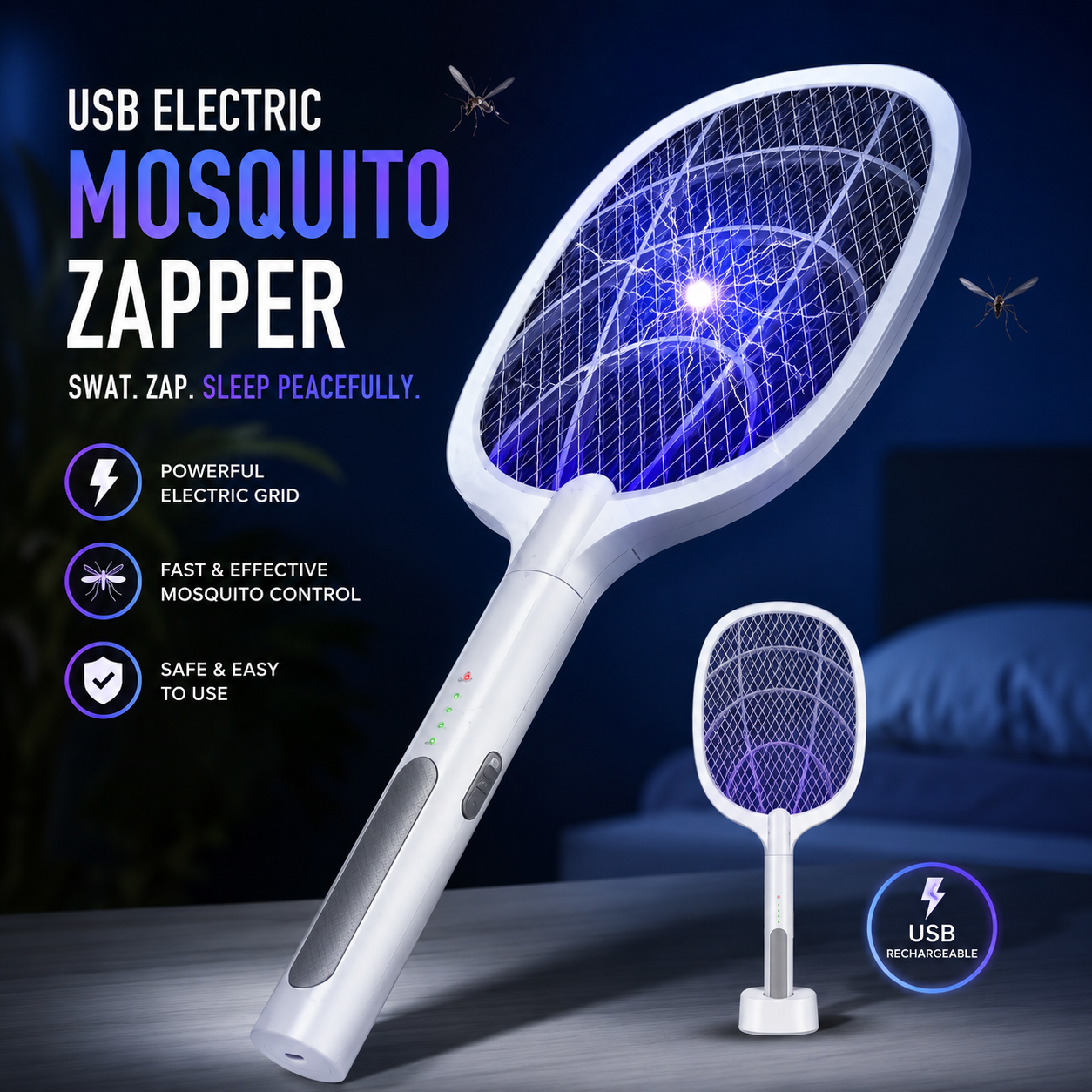 Rechargeable USB Electric Mosquito Killer Racket – Portable Insect Zapper Bat