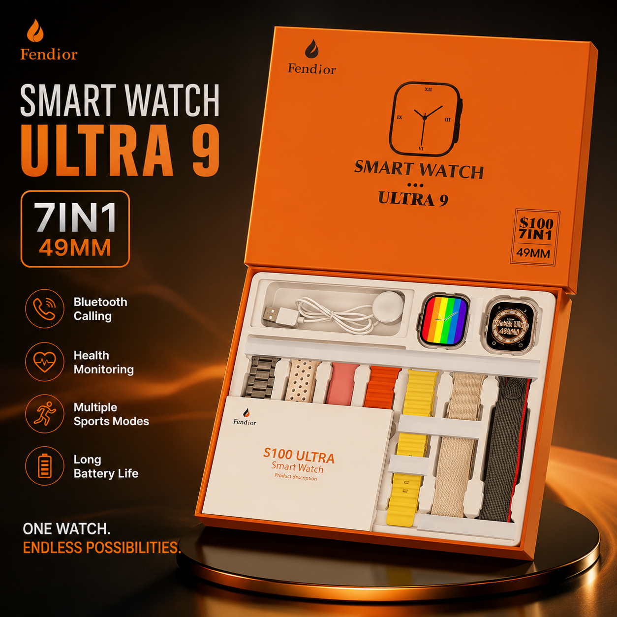 Ultra 9 Smart Watch 7-in-1 Combo – 49mm HD Display Smartwatch with 7 Premium Straps