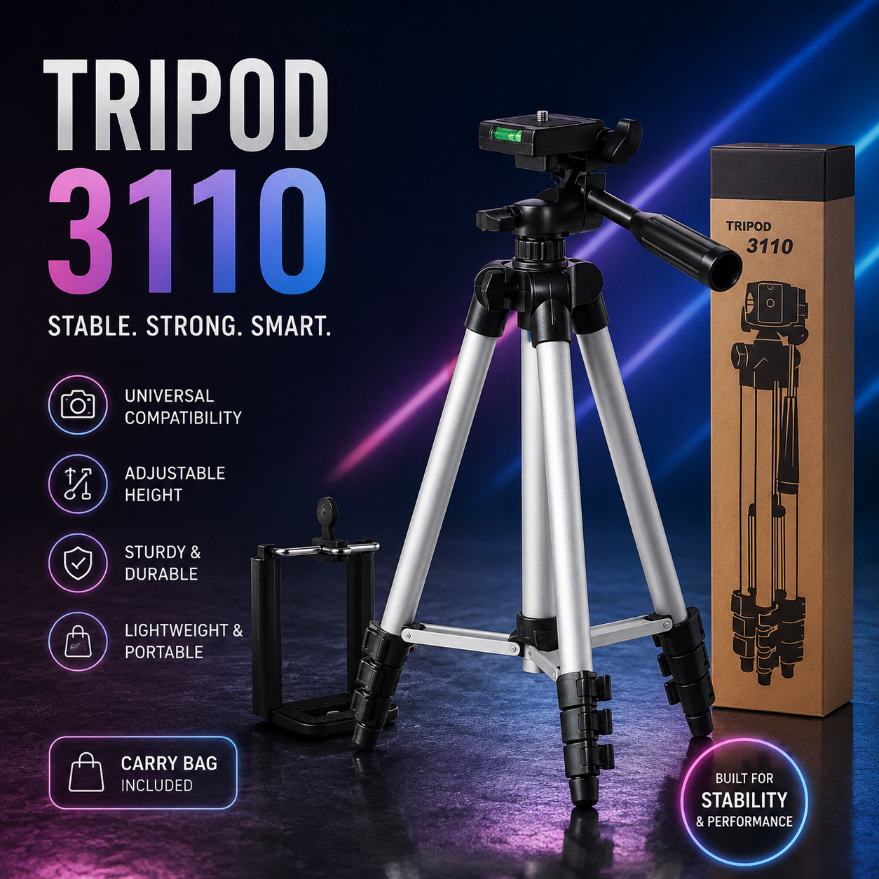 3110 Portable Camera &amp; Mobile Tripod Stand – Adjustable Lightweight Tripod with Phone Holder
