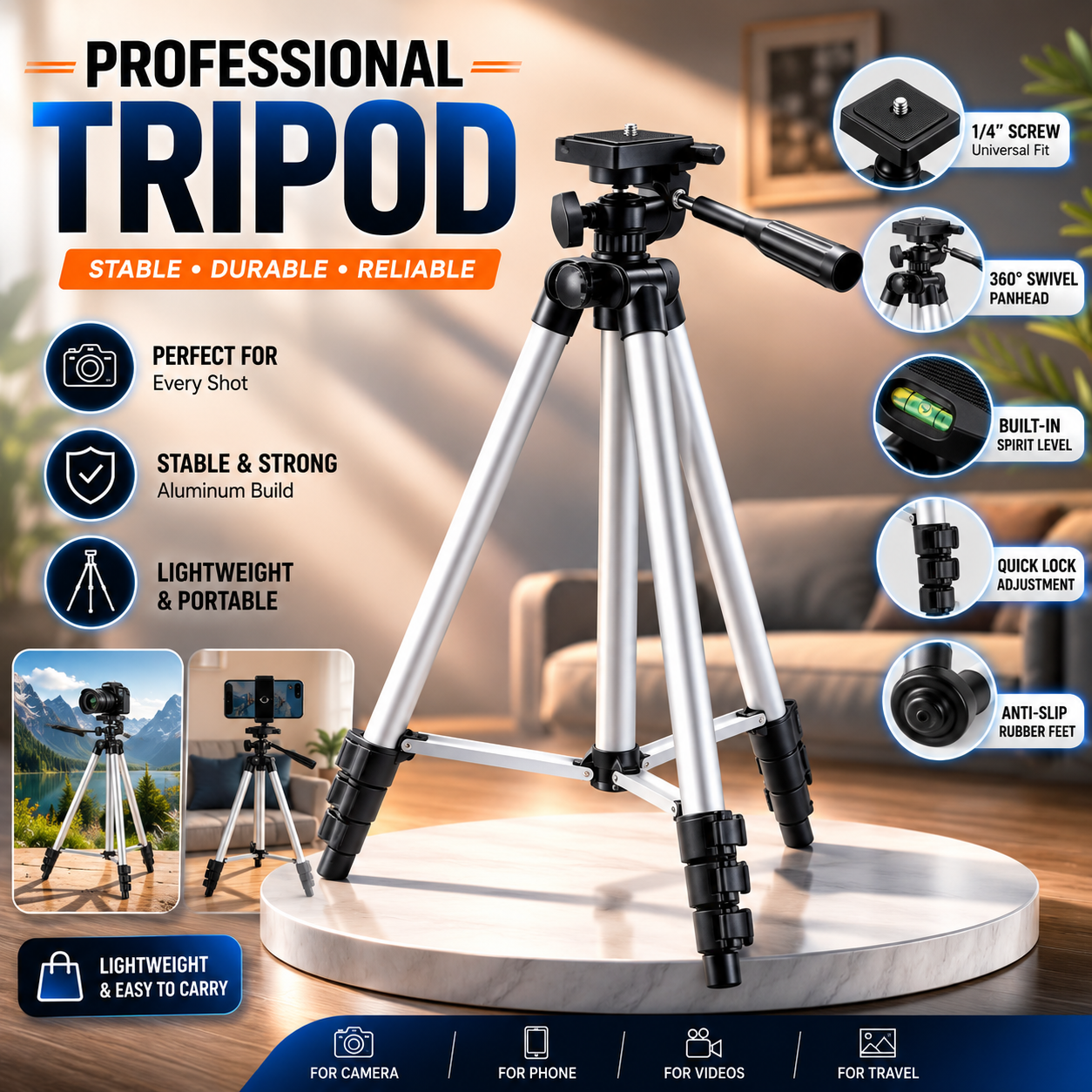 3110 Portable Camera &amp; Mobile Tripod Stand – Adjustable Lightweight Tripod with Phone Holder