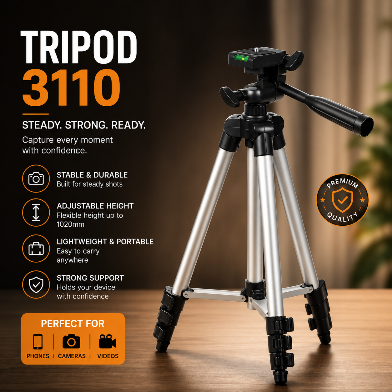 3110 Portable Camera &amp; Mobile Tripod Stand – Adjustable Lightweight Tripod with Phone Holder
