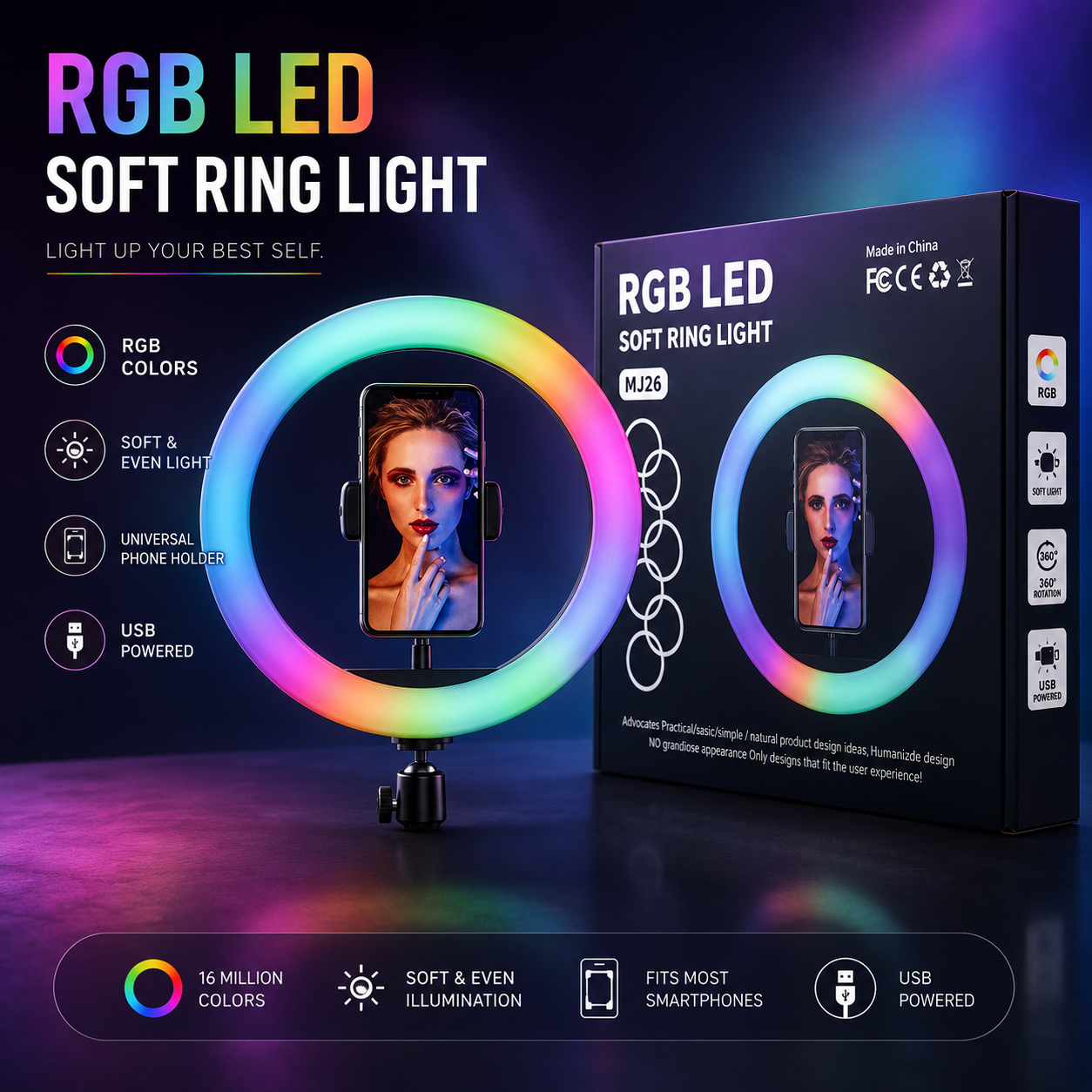 RGB LED Selfie Ring Light – Multi-Color Fill Light with Phone Holder for Content Creation