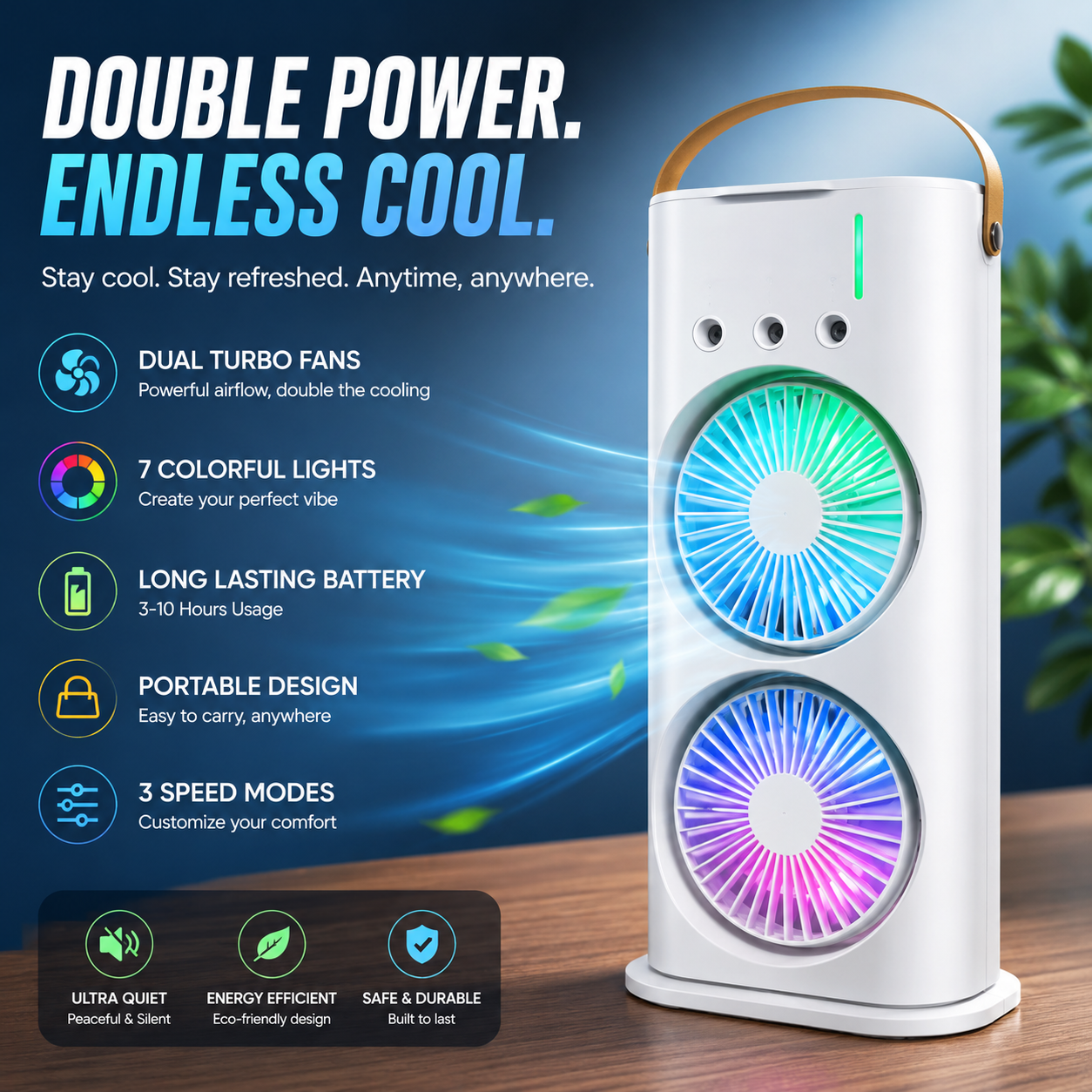 Portable Dual Fan Air Cooler – Rechargeable Mini Cooling Fan with LED Light &amp; Humidifier