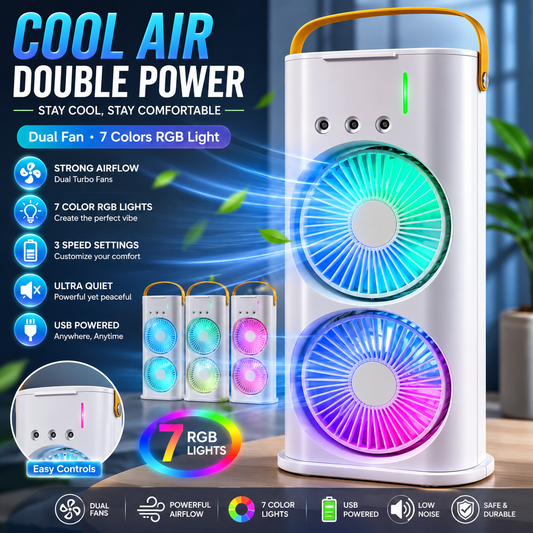 Portable Dual Fan Air Cooler – Rechargeable Mini Cooling Fan with LED Light &amp; Humidifier
