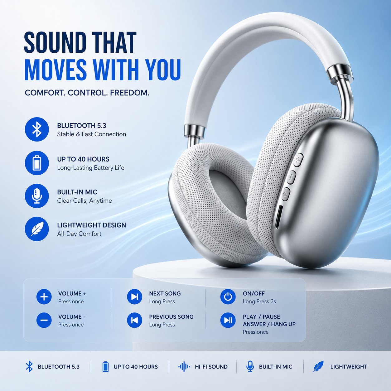 P9 Wireless Over-Ear Headphones – Hi-Fi Sound, Bluetooth 5.3 &amp; 40H Battery Life
