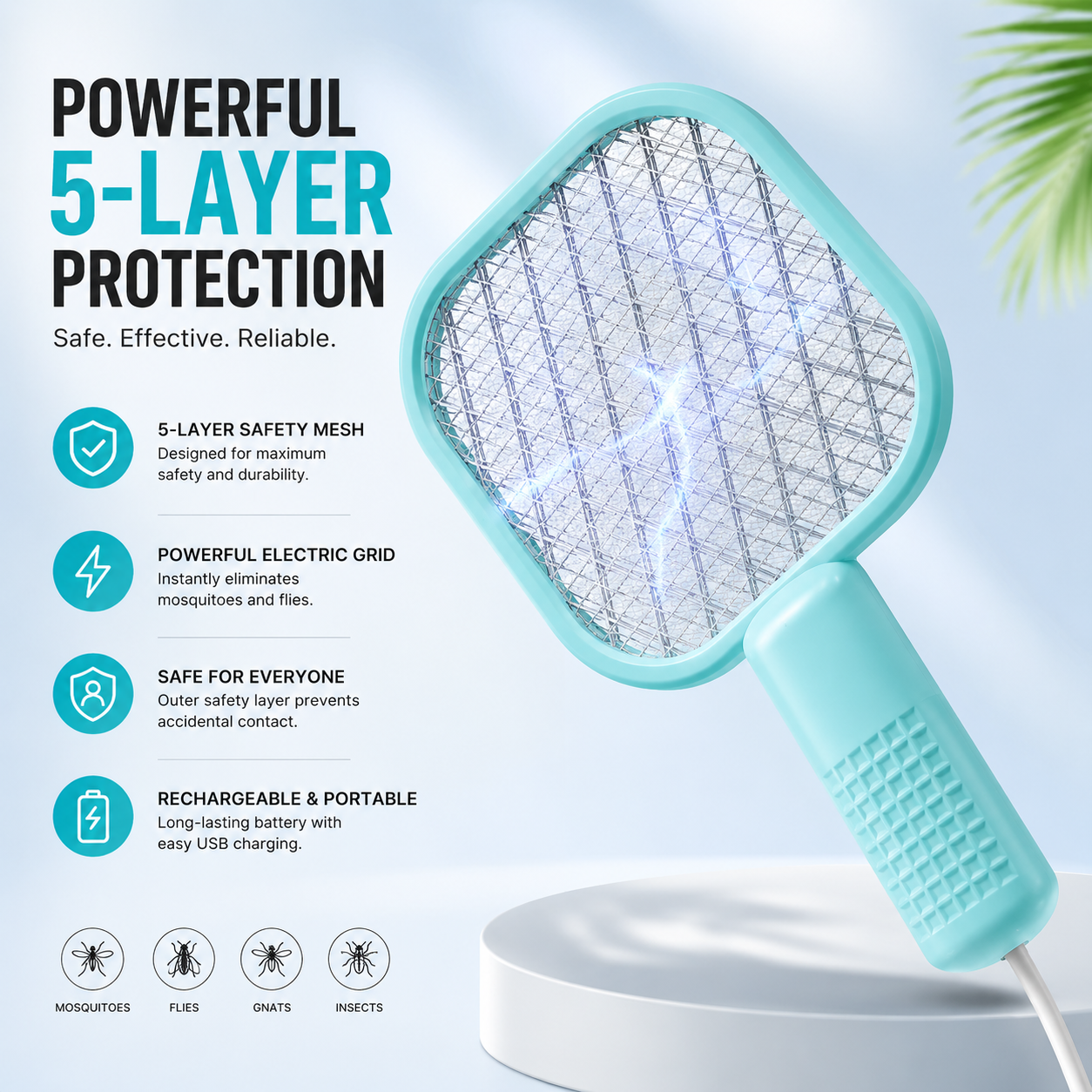 Rechargeable Electric Mosquito Swatter – 5-Layer Safety Mesh Insect Killer Racket