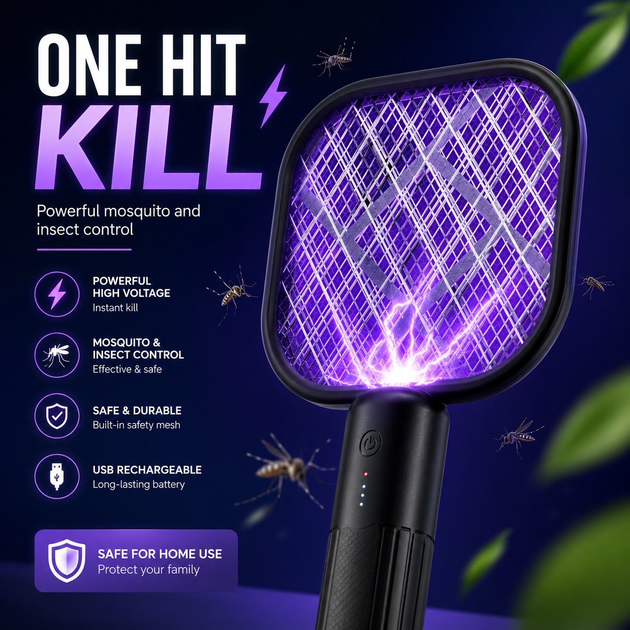 Rechargeable Electric Mosquito Swatter – 5-Layer Safety Mesh Insect Killer Racket