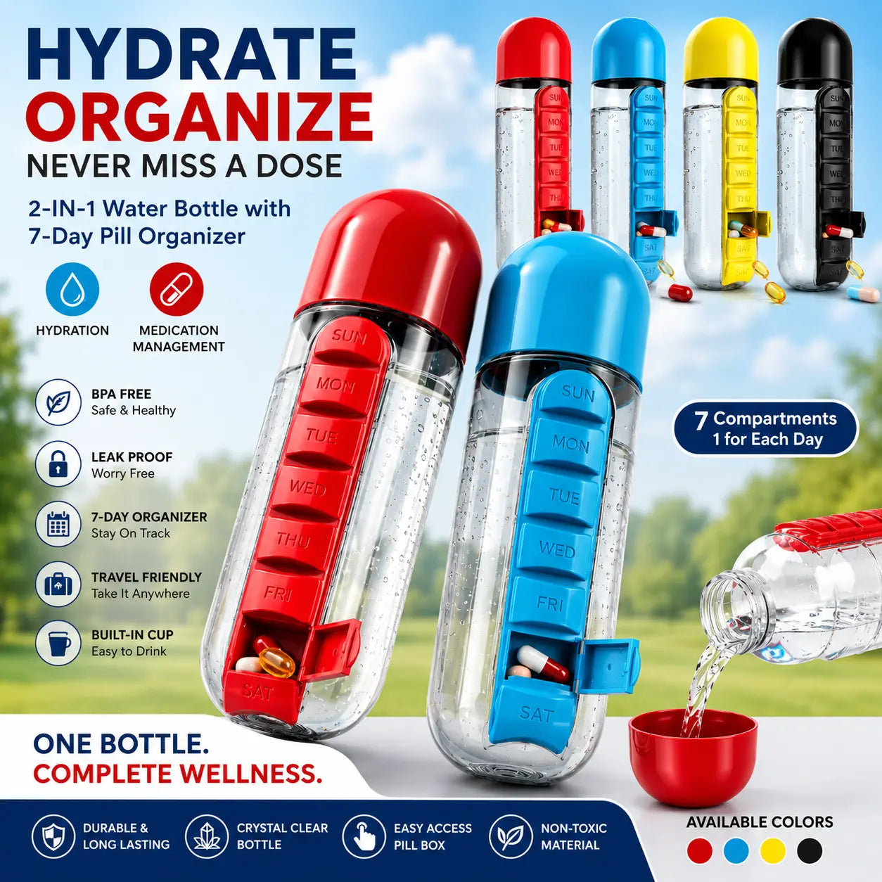 2-in-1 Water Bottle with Weekly Pill Organizer – Portable Medication & Hydration Companion for Travel, Office & Daily Use