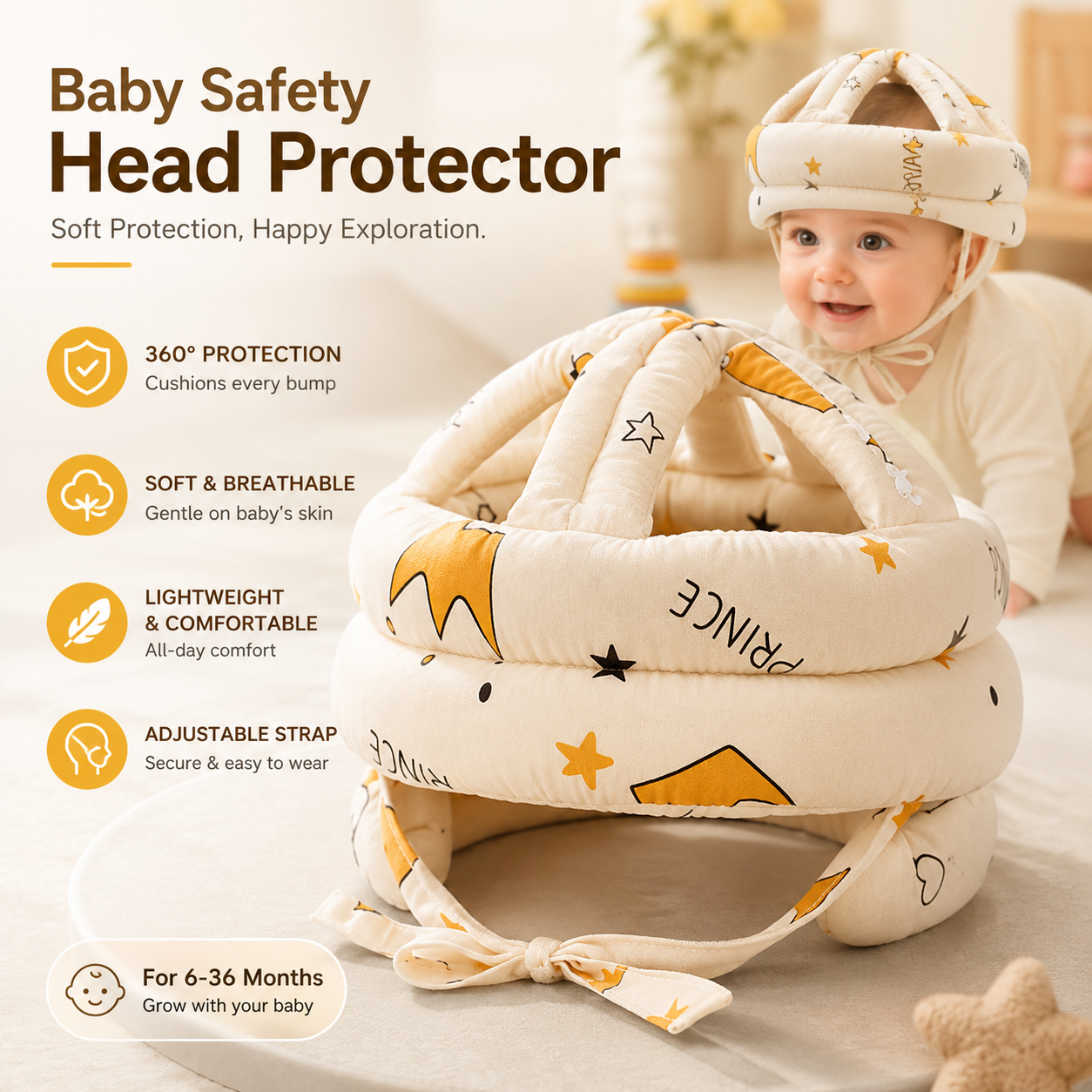 Baby Safety Head Protection Helmet – Adjustable Soft Cushion Anti-Fall Head Guard for Crawling &amp; Walking Babies