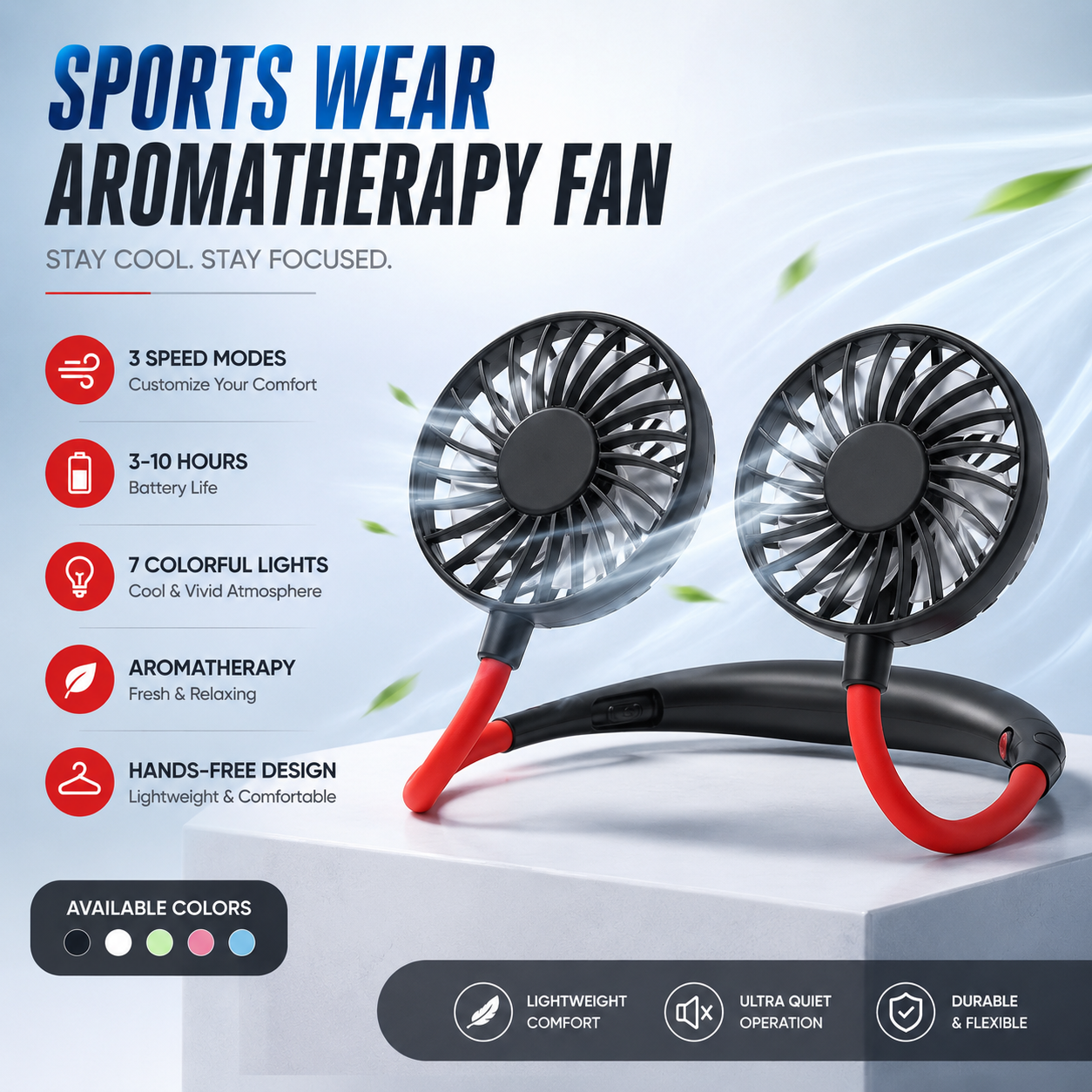 Portable Rechargeable Neck Fan – Dual Turbo Hands-Free Cooling Fan with LED Lights